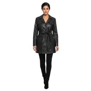 Highway Black Belted Faux Vegan Leather Button-Down Jacket Chic Utility Trench